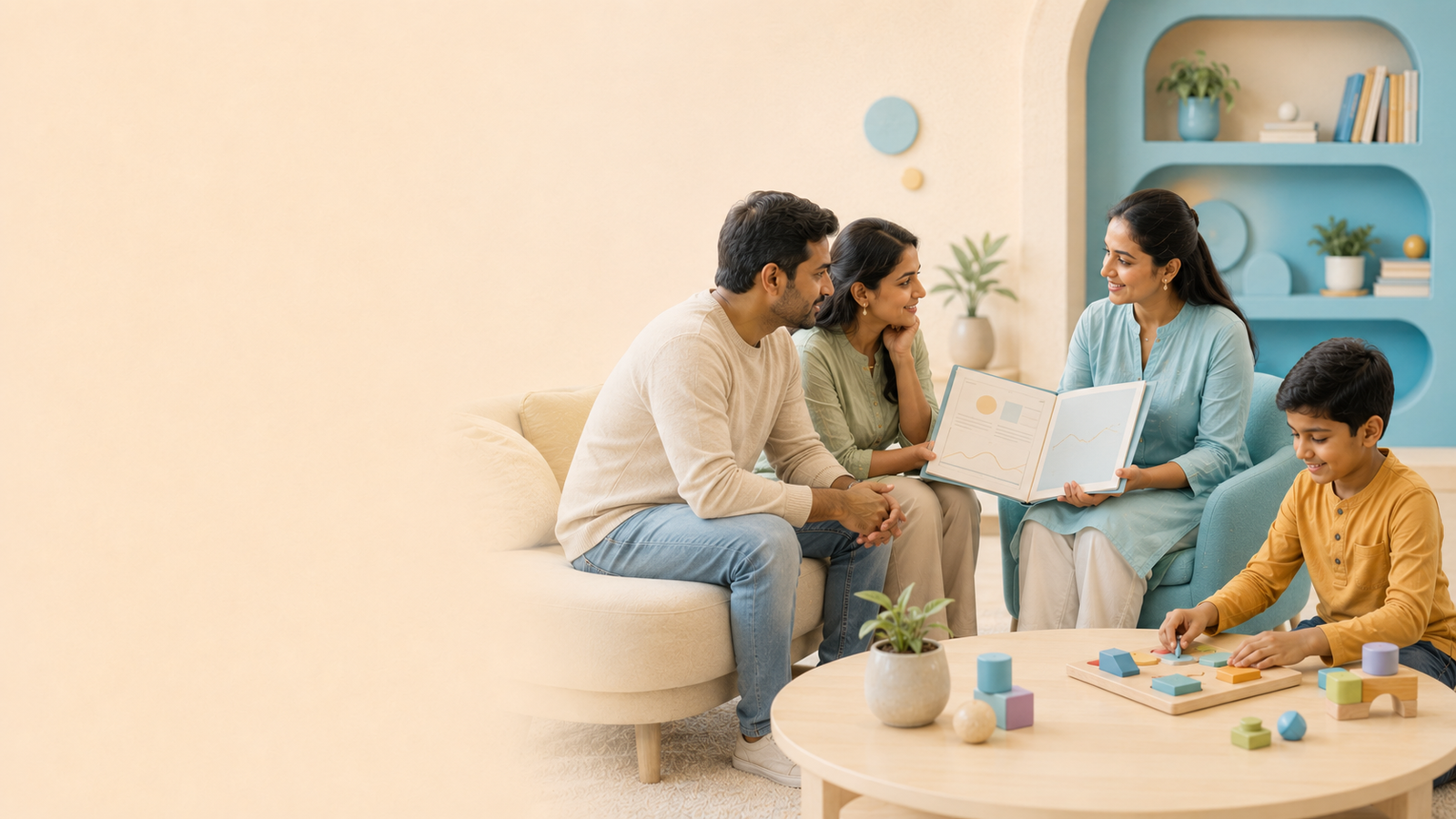 Indian parents consulting with a child-development professional