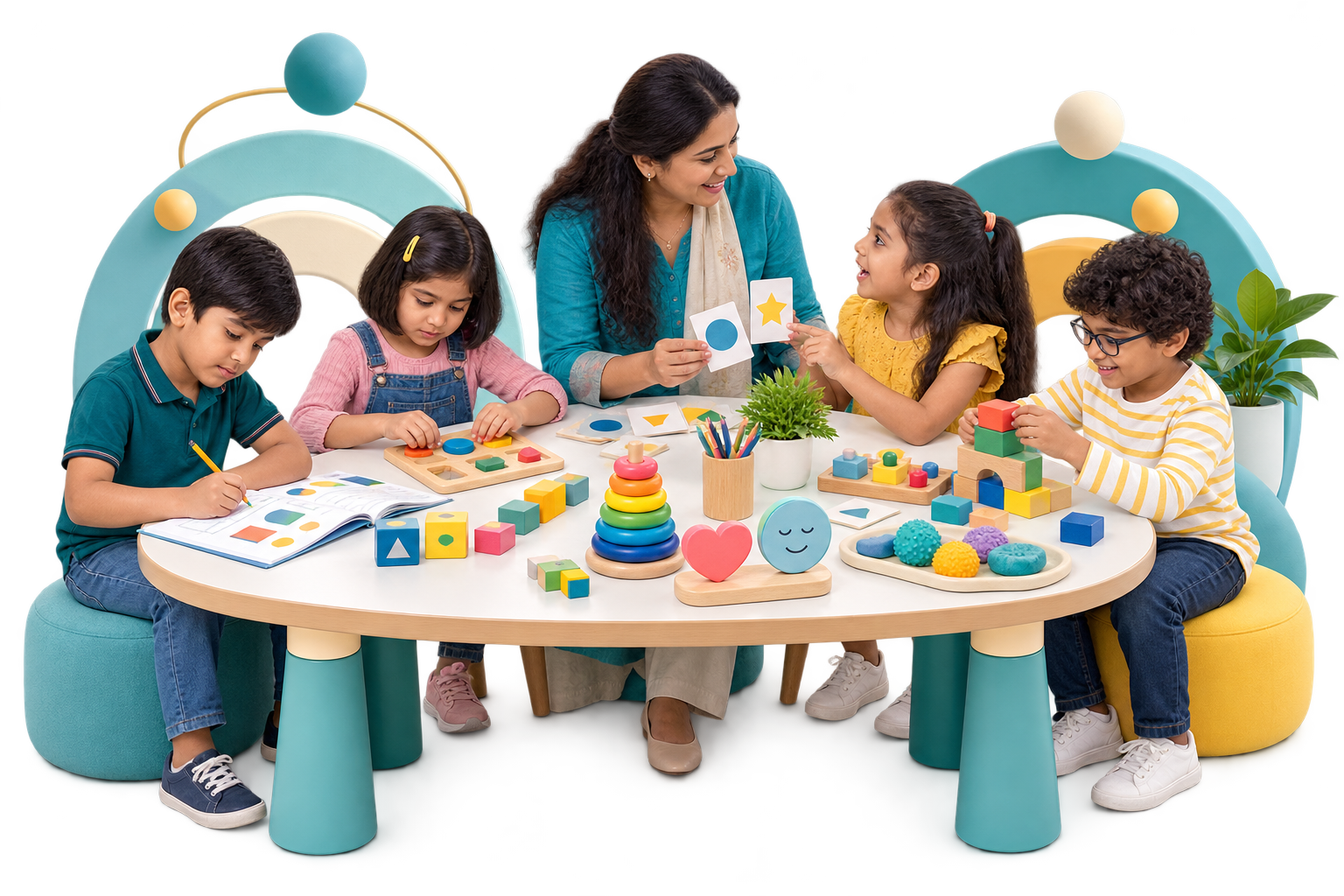 Educator helping a child understand learning concepts