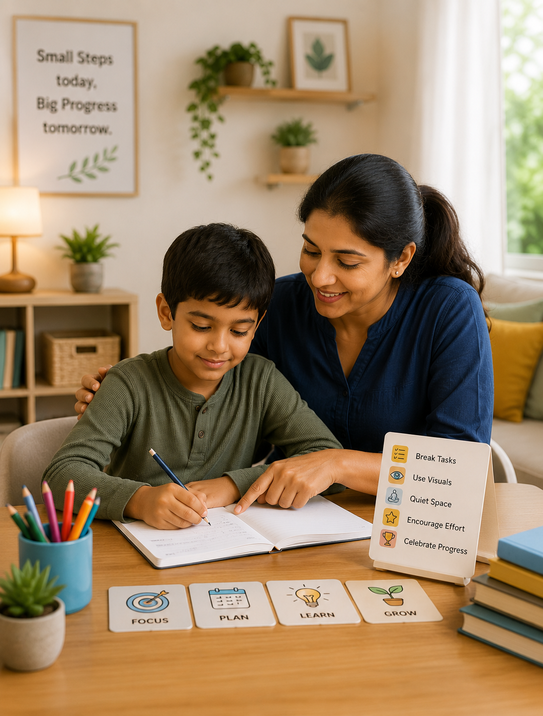 Child learning comfortably with supportive guidance